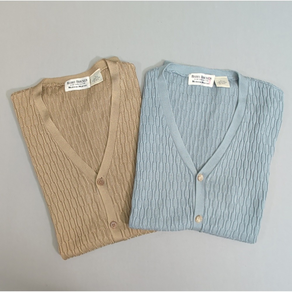 Barry Bricken Neiman Marcus Mens 100% Silk Knit Cardigan Vests Blue Tan L Lot 2